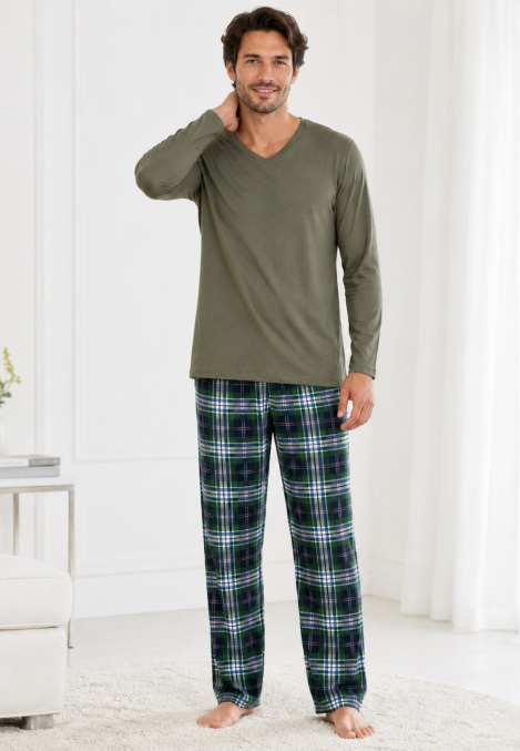 Pijama barbati Serena cu maneca lunga si pantalon lung-Kaki ,Engros